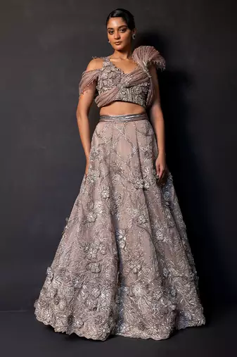 Mauve Mocha Embroidered Satin Lehenga Set