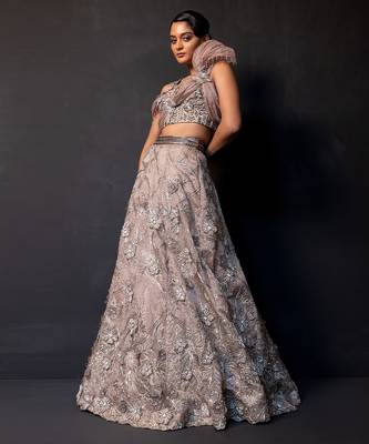 Mauve Mocha Embroidered Satin Lehenga Set 2