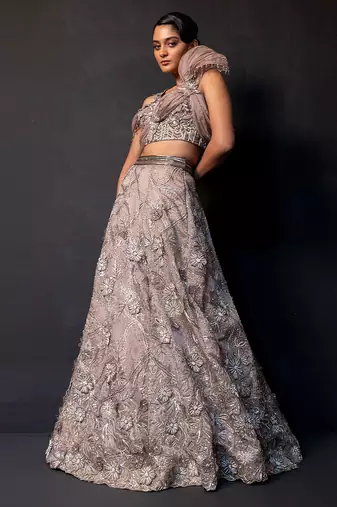 Mauve Mocha Embroidered Satin Lehenga Set
