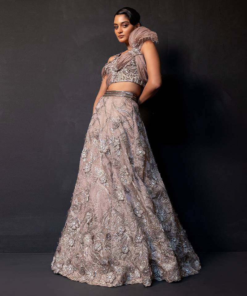 Mauve Mocha Embroidered Satin Lehenga Set