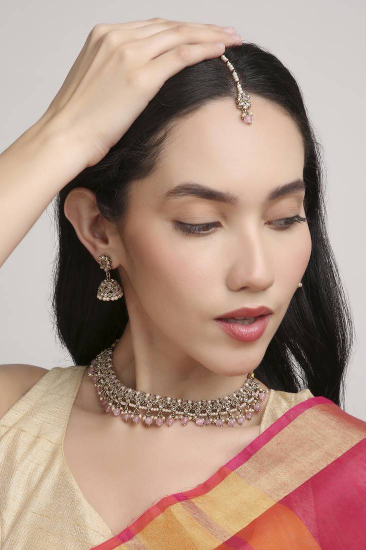 glorious flower design pearl kundan antique gold plated choker jewellery set for women