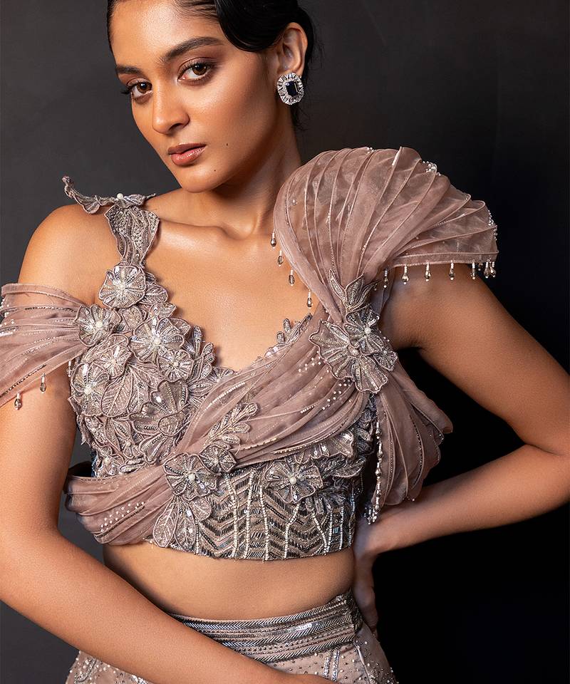 Mauve Mocha Embroidered Satin Lehenga Set