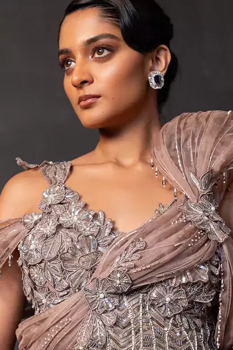 Mauve Mocha Embroidered Satin Lehenga Set