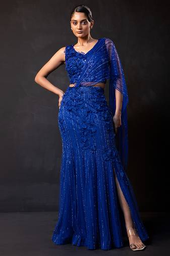 Royal Blue Embroidered Net Lehenga Set