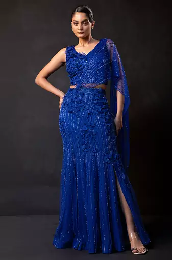 Royal Blue Embroidered Net Lehenga Set