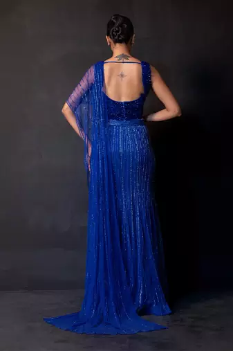 Royal Blue Embroidered Net Lehenga Set