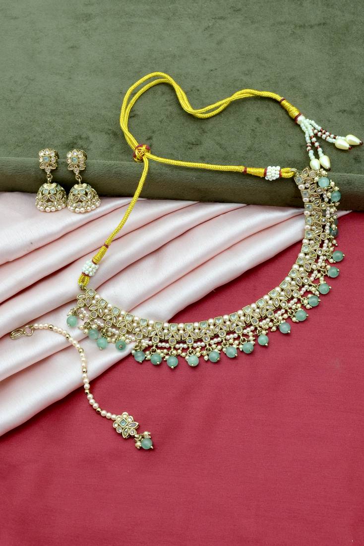 gorgeous flower design pearl kundan antique gold plated choker jewellery set for women