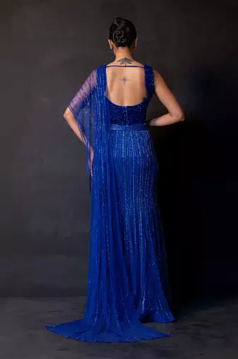Royal Blue Embroidered Net Lehenga Set