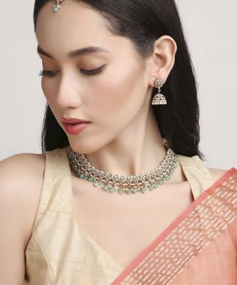 gorgeous flower design pearl kundan antique gold plated choker jewellery set for women 3