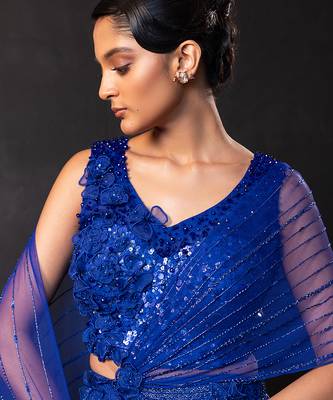 Royal Blue Embroidered Net Lehenga Set 4