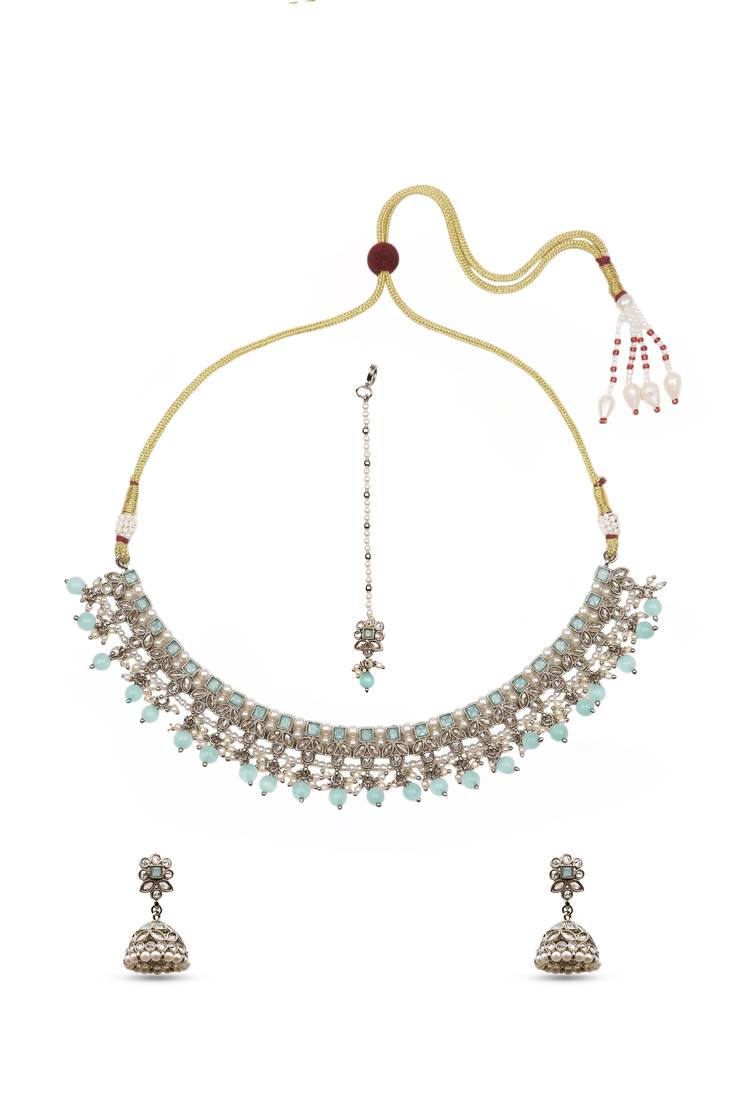 gorgeous flower design pearl kundan antique gold plated choker jewellery set for women
