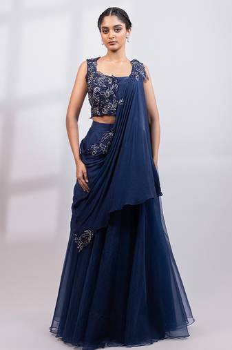 Navy Blue Organza Lehenga Set