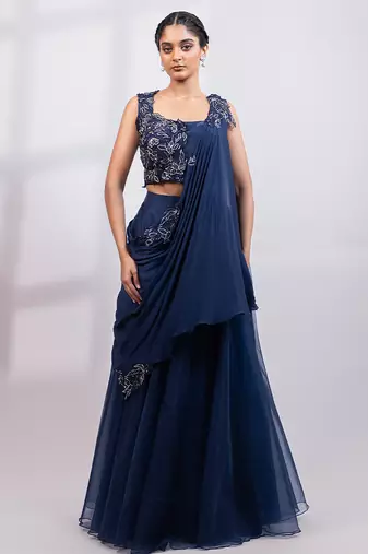 Navy Blue Organza Lehenga Set
