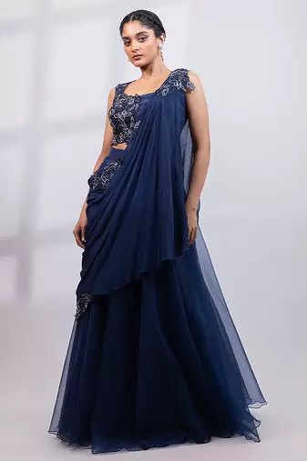 Navy Blue Organza Lehenga Set