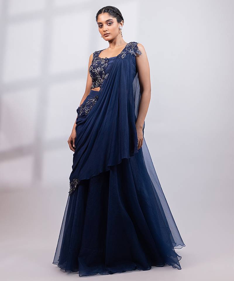 Navy Blue Organza Lehenga Set