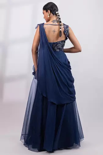 Navy Blue Organza Lehenga Set
