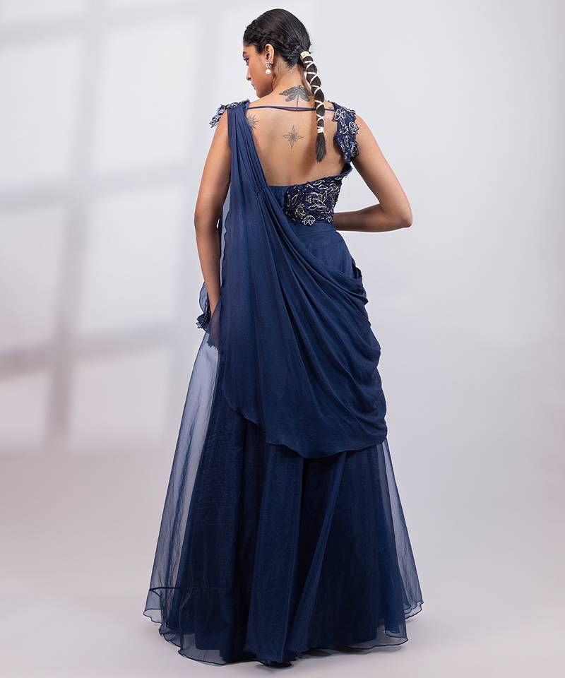 Navy Blue Organza Lehenga Set