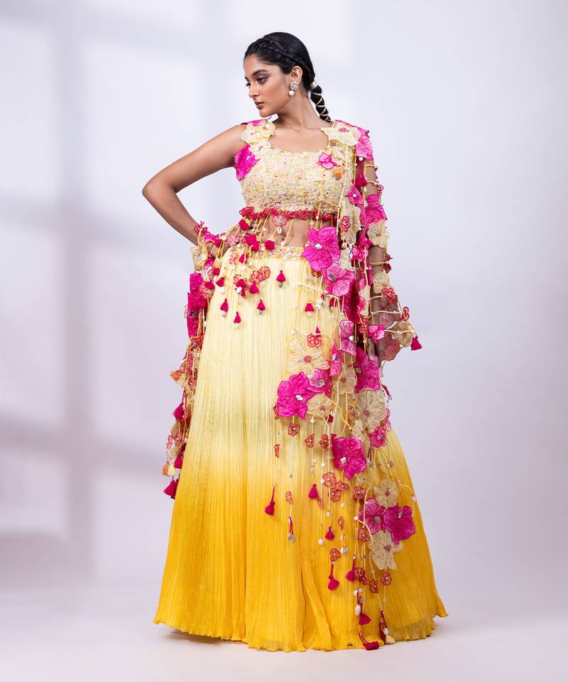 Yellow Ombre Chinon Lehenga Set
