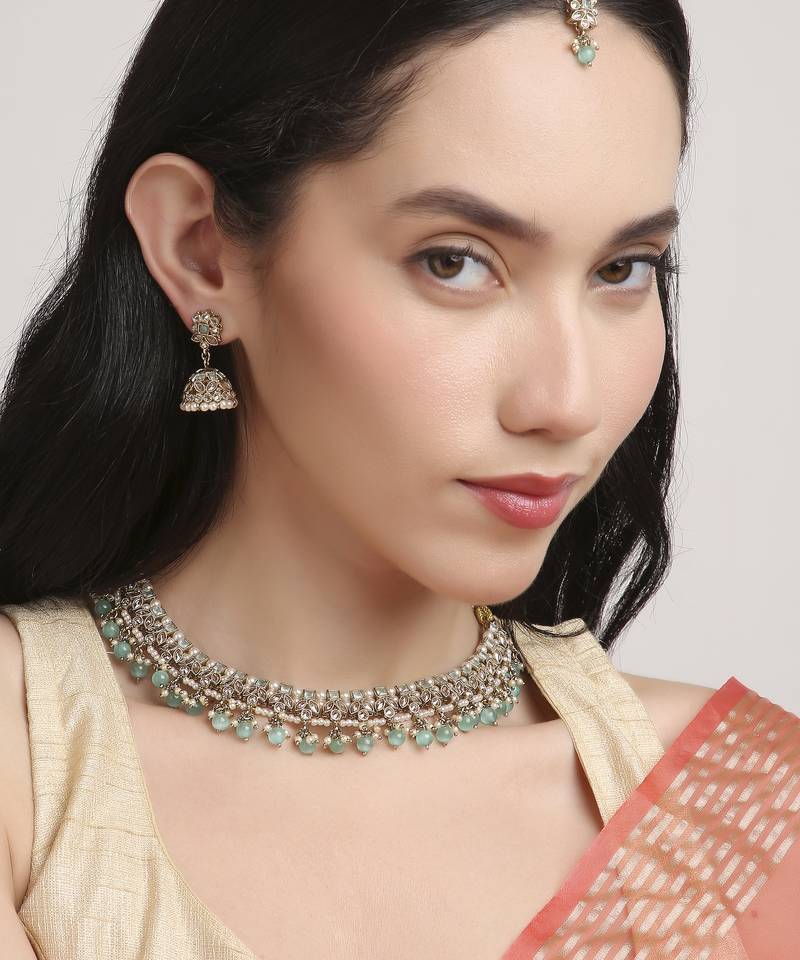 gorgeous flower design pearl kundan antique gold plated choker jewellery set for women