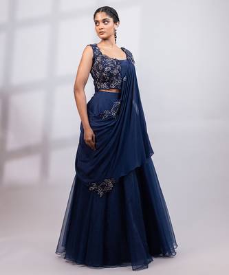 Navy Blue Organza Lehenga Set 4