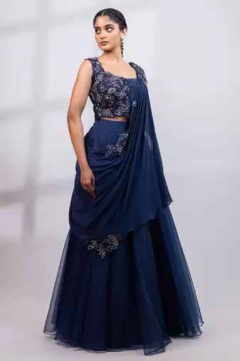 Navy Blue Organza Lehenga Set