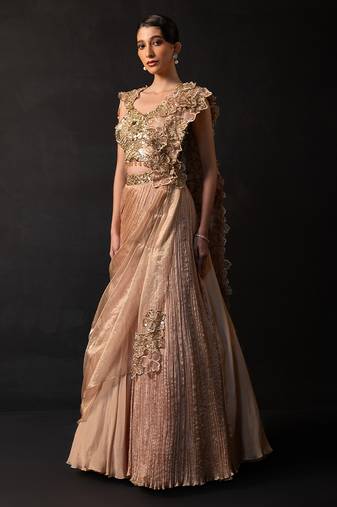 Rose Gold Embroidered Organza Chinon Lehenga Set