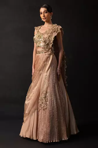 Rose Gold Embroidered Organza Chinon Lehenga Set