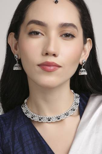 incredible flower design pearl kundan silver plated choker jewellery set for women