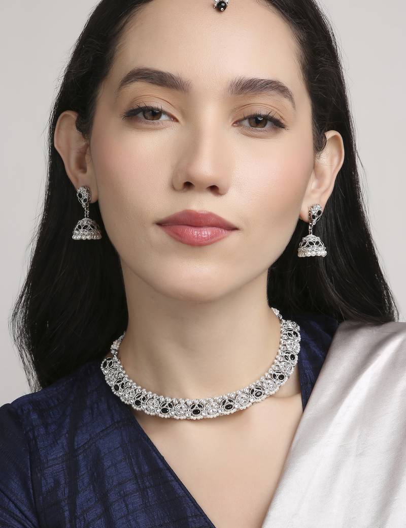 incredible flower design pearl kundan silver plated choker jewellery set for women