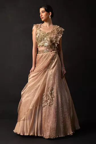 Rose Gold Embroidered Organza Chinon Lehenga Set