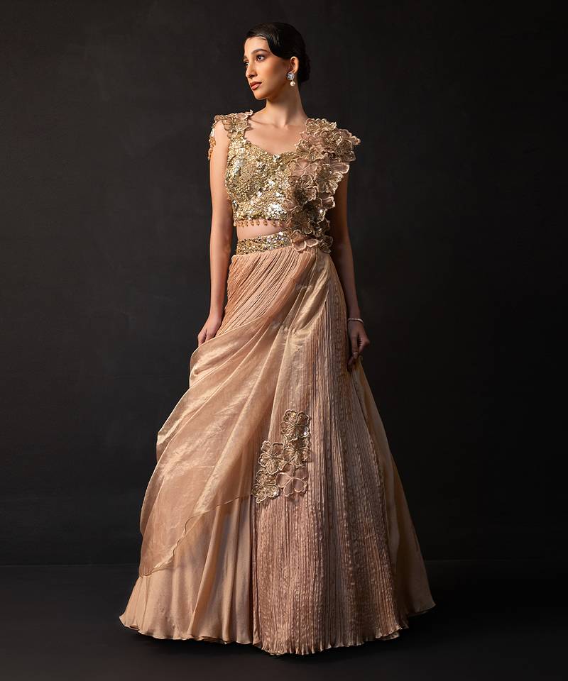 Rose Gold Embroidered Organza Chinon Lehenga Set