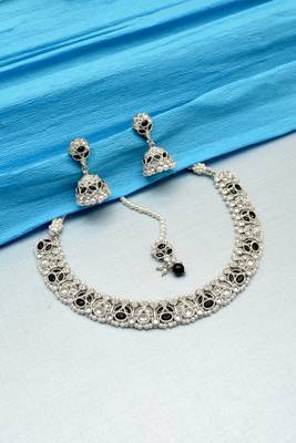 incredible flower design pearl kundan silver plated choker jewellery set for women 2