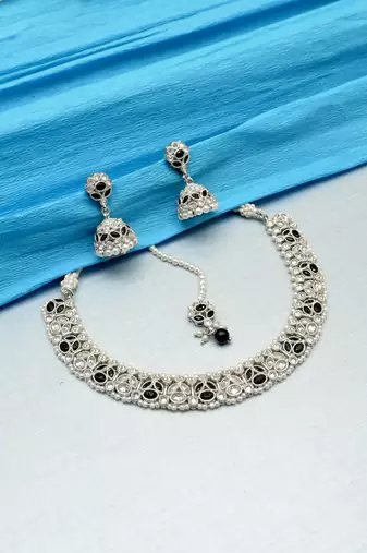 incredible flower design pearl kundan silver plated choker jewellery set for women