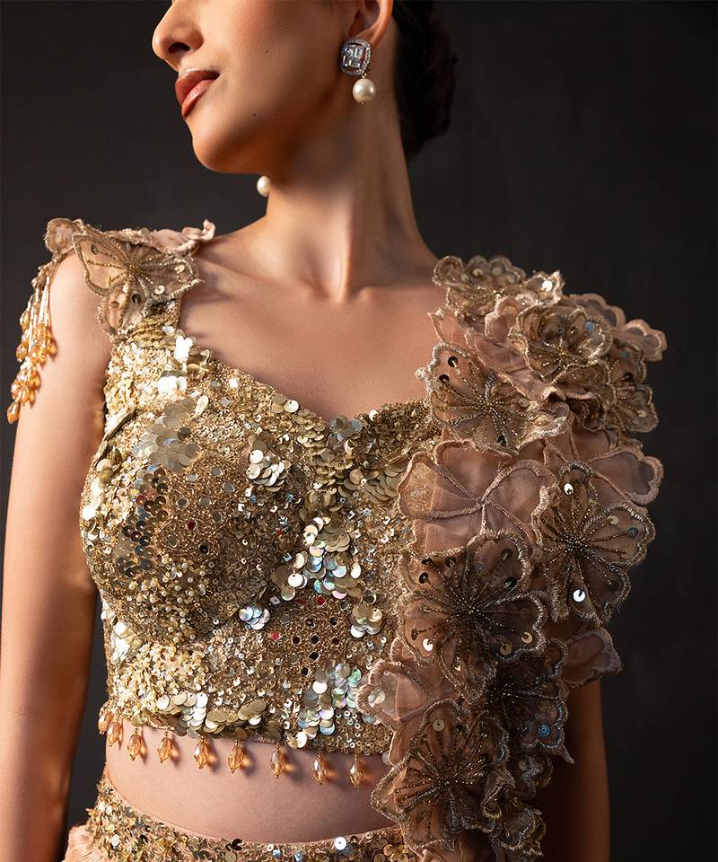 Rose Gold Embroidered Organza Chinon Lehenga Set
