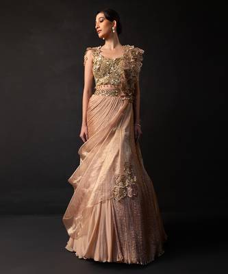 Rose Gold Embroidered Organza Chinon Lehenga Set 4