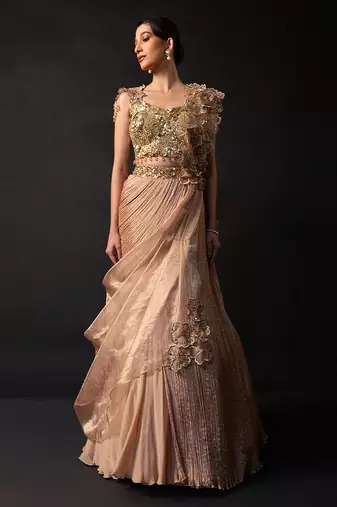 Rose Gold Embroidered Organza Chinon Lehenga Set