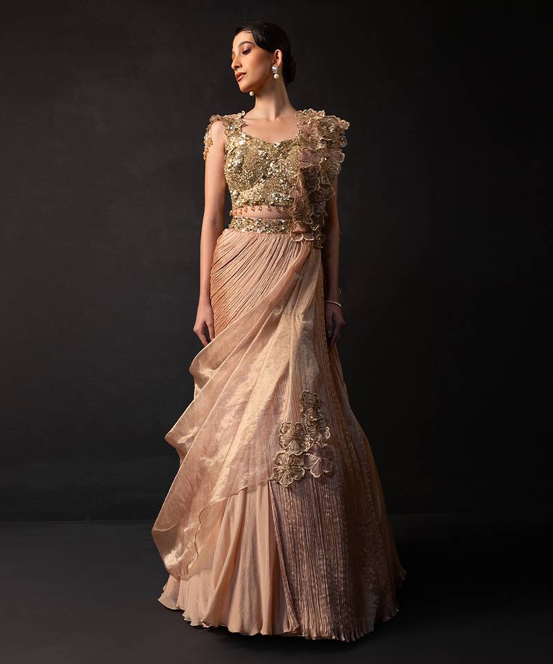Rose Gold Embroidered Organza Chinon Lehenga Set