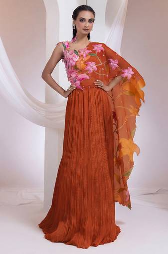 Rust Orange Chinon Organza Lehenga Set