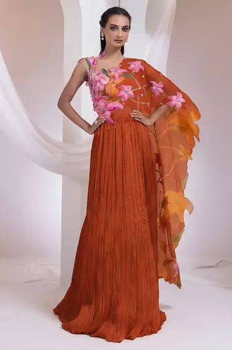 Rust Orange Chinon Organza Lehenga Set