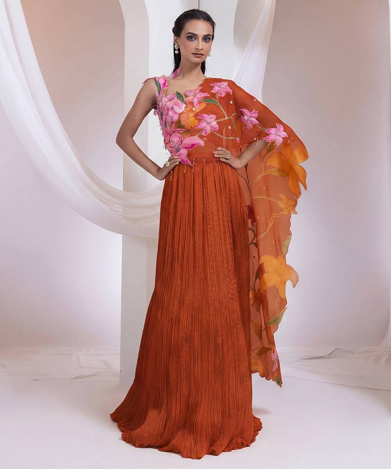 Rust Orange Chinon Organza Lehenga Set