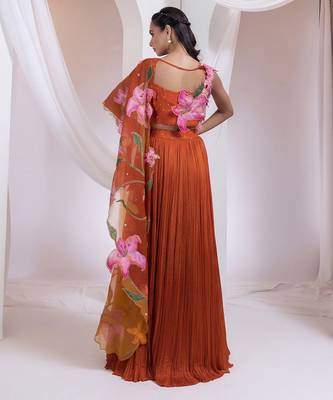 Rust Orange Chinon Organza Lehenga Set 2