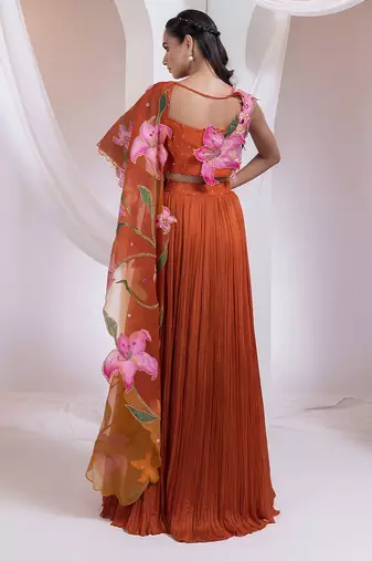Rust Orange Chinon Organza Lehenga Set