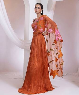 Rust Orange Chinon Organza Lehenga Set 3