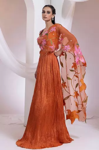Rust Orange Chinon Organza Lehenga Set