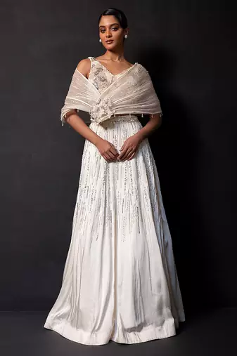 Ivory Embroidered Modal Satin Lehenga Set