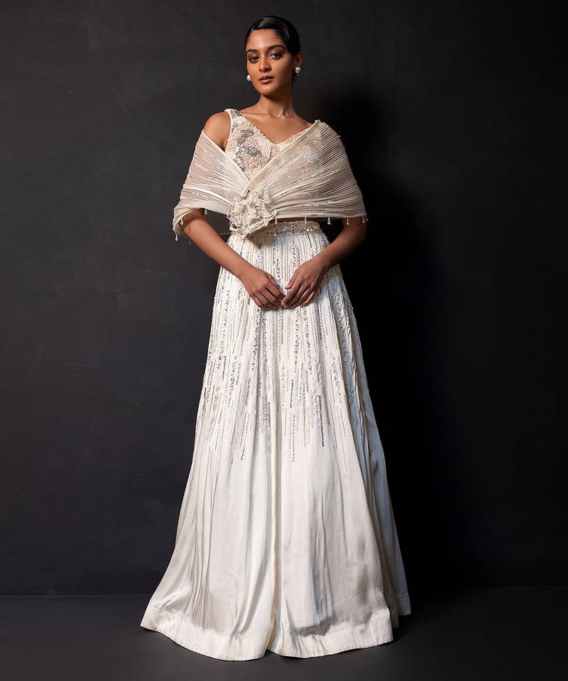 Ivory Embroidered Modal Satin Lehenga Set