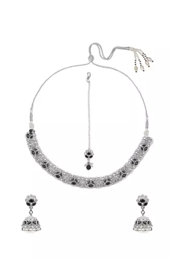 incredible flower design pearl kundan silver plated choker jewellery set for women