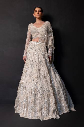 Ivory Embroidered Tulle Net Lehenga Set