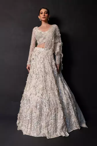 Ivory Embroidered Tulle Net Lehenga Set