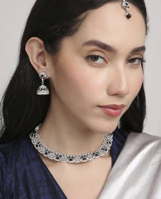 incredible flower design pearl kundan silver plated choker jewellery set for women 5